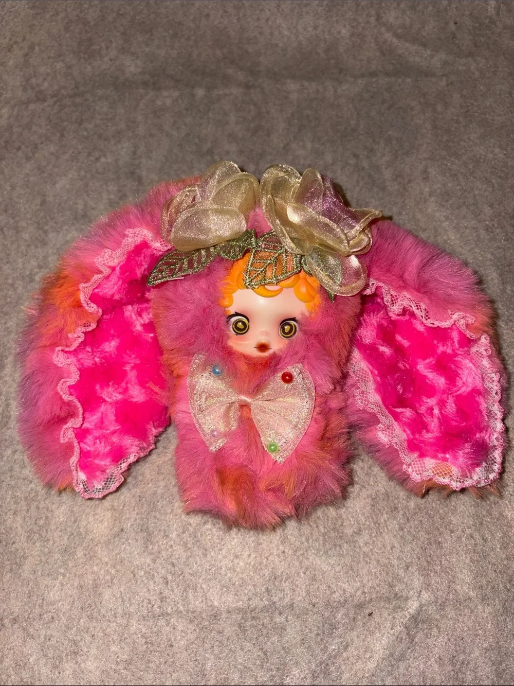 Custom Skull Panda Plush Bunny Pendant Pink Faux Fur